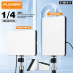 Plokama Live E11 10W LED fill light panel illuminated on a mini tripod, ideal for video creation and photography lighting.