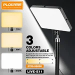 Plokama Live E11 10W LED fill light panel illuminated on a mini tripod, ideal for video creation and photography lighting.