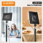 Plokama Live E11 10W LED fill light panel illuminated on a mini tripod, ideal for video creation and photography lighting.