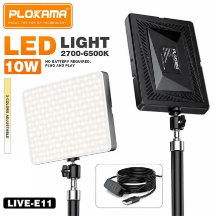 Plokama Live E11 10W LED fill light panel illuminated on a mini tripod, ideal for video creation and photography lighting.