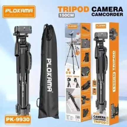 PLOKAMA PK-9930 150cm professional tripod stand fully extended with a camera and mobile phone mount attached in a photography studio setting.