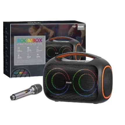BTS-2439 rechargeable portable Bluetooth karaoke speaker featuring built-in controls, FM radio, and dynamic LED party lights.