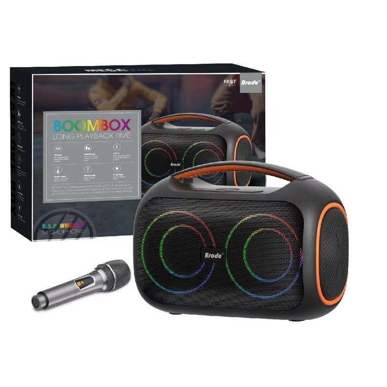 BTS-2439 rechargeable portable Bluetooth karaoke speaker featuring built-in controls, FM radio, and dynamic LED party lights.