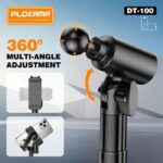 Plokama LIVE K5 2-in-1 LED selfie stick extended as a tripod stand with a smartphone mounted and built-in LED fill light illuminated.