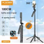 PLOKAMA Live P10 180cm selfie stick tripod extended vertically with a smartphone mounted in 360-degree rotation mode for vlogging.