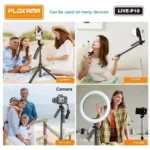 PLOKAMA Live P10 180cm selfie stick tripod extended vertically with a smartphone mounted in 360-degree rotation mode for vlogging.