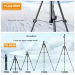PLOKAMA PK-9930 150cm professional tripod stand fully extended with a camera and mobile phone mount attached in a photography studio setting.
