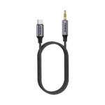 FONENG BM31 Type-C to 3.5mm metallic audio cable with braided cord connecting a Type-C smartphone to a 3.5mm headphone jack.