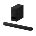 Sony BRAVIA Theater Bar 5 HT-B500 3.1 channel soundbar placed under a TV screen alongside its matching wireless subwoofer.