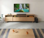 Sony BRAVIA Theater Bar 5 HT-B500 3.1 channel soundbar placed under a TV screen alongside its matching wireless subwoofer.