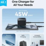 Anker Nano Charger 45W ultra-compact USB-C wall adapter in black, designed for high-speed charging.